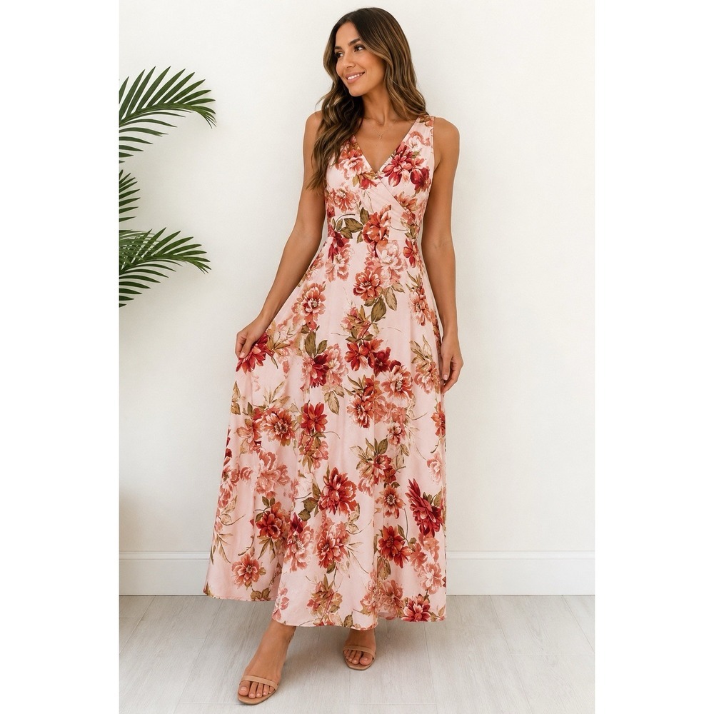 Paper Heart Womens L Floral Maxi Dress Pink Rayon Linen V Neck Sleeveless